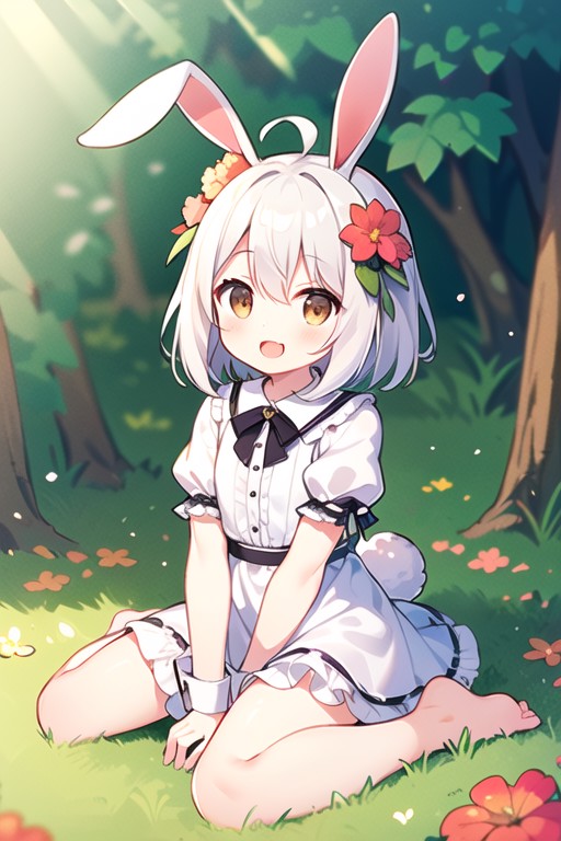 (masterpiece,best quality:1.5), 1girl, solo, solo focus, (animal ears, rabbit ears), barefoot, knees up, dress, sitting, s...